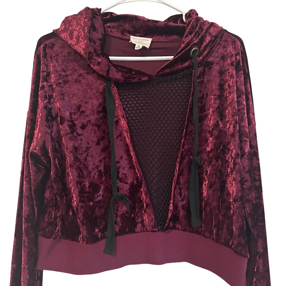 Emory Park Crushed Velvet Hoodie Sz M Black Mesh Cropped Gothic Burgundy